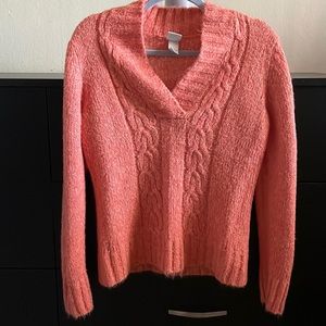 Sweater, v-neck, cable knit.  Orange.  Size M